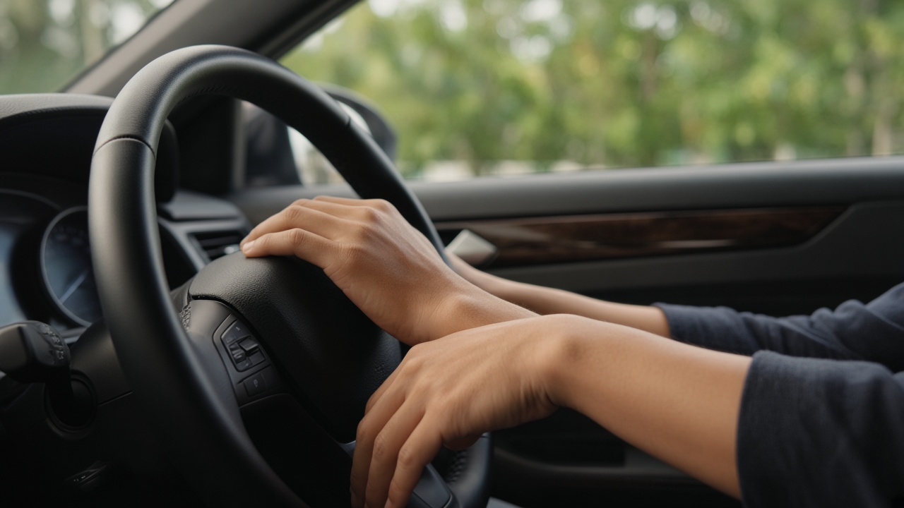 Driver holding the steering wheel on a daylight road