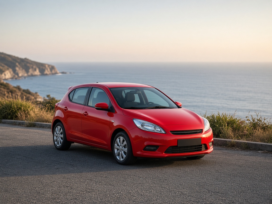 Red hatchback on a coastal road