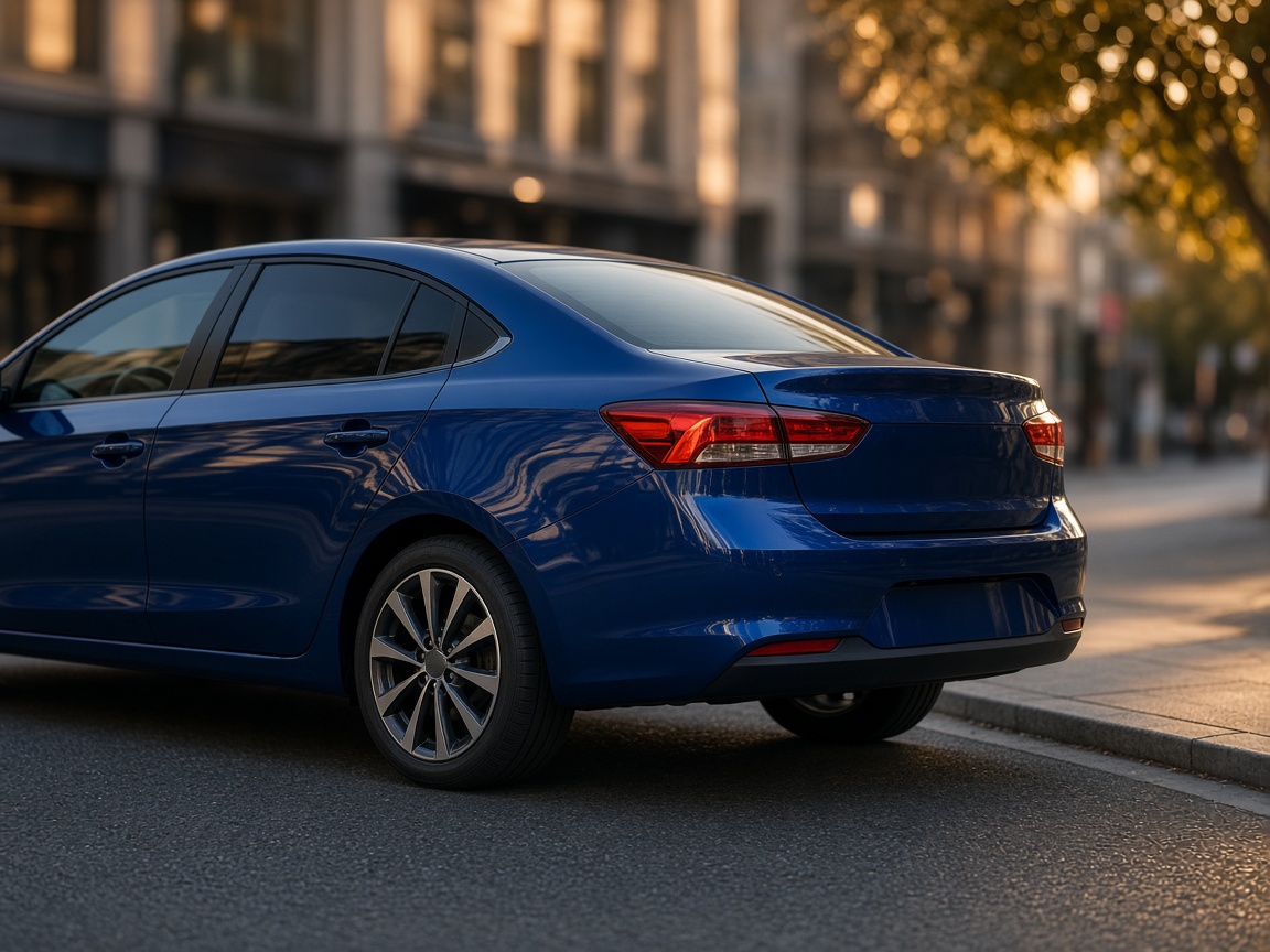 Blue sedan on a city street