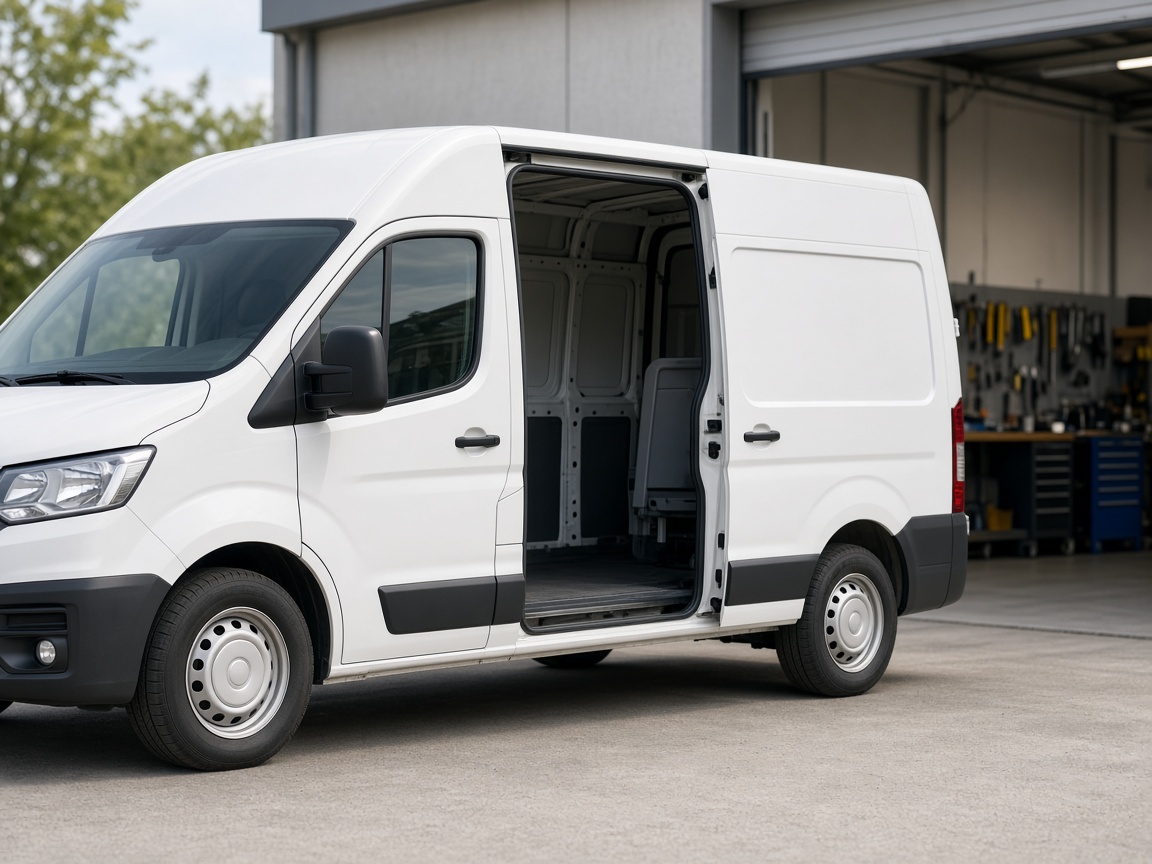 White cargo van beside a workshop